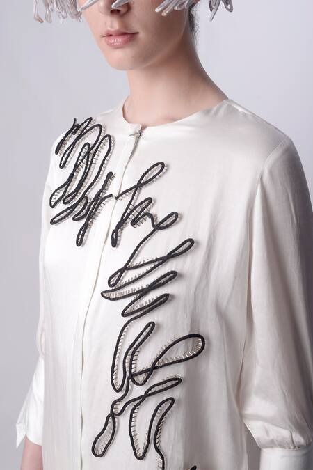 Buy_Nitin Bal Chauhan_White Linen Satin Hand Embroidered 3d Chords Closed Round Asymmetric Shirt Dress _Online_at_Aza_Fashions
