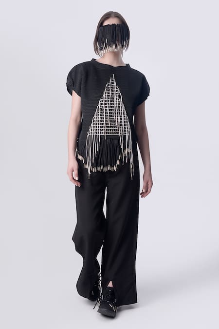 Nitin Bal Chauhan Edge Black Scooba (100% Polyester) Hand Embroidered 3d Geometric Motif Top With Pant 