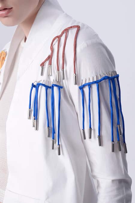 Nitin Bal Chauhan_White Egyptian Cotton Hand Embroidered 3d Chords Shawl Collar Shirt _Online_at_Aza_Fashions