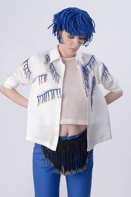 Nitin Bal Chauhan_White Linen Satin Hand Embroidered 3d Chords Collared Shirt With Pant _Online_at_Aza_Fashions