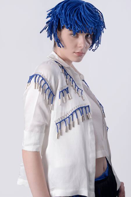 Shop_Nitin Bal Chauhan_White Linen Satin Hand Embroidered 3d Chords Collared Shirt With Pant _Online_at_Aza_Fashions