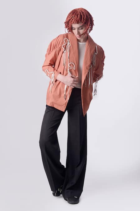 Nitin Bal Chauhan_Peach Egyptian Cotton Hand Embroidered 3d Chords Lapel Jacket With Pant _Online_at_Aza_Fashions