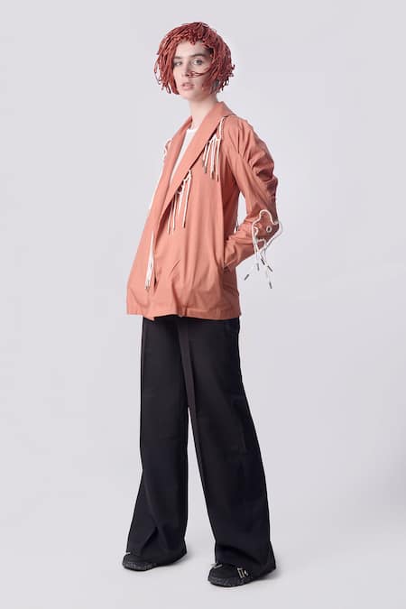 Buy_Nitin Bal Chauhan_Peach Egyptian Cotton Hand Embroidered 3d Chords Lapel Jacket With Pant _Online_at_Aza_Fashions