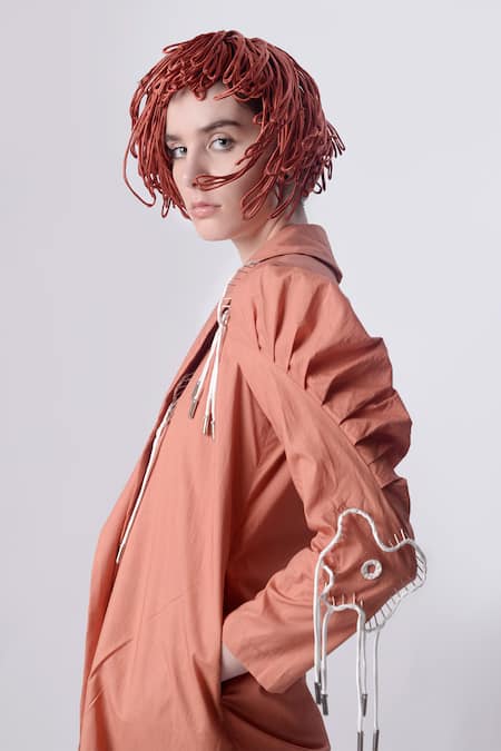 Shop_Nitin Bal Chauhan_Peach Egyptian Cotton Hand Embroidered 3d Chords Lapel Jacket With Pant _Online_at_Aza_Fashions