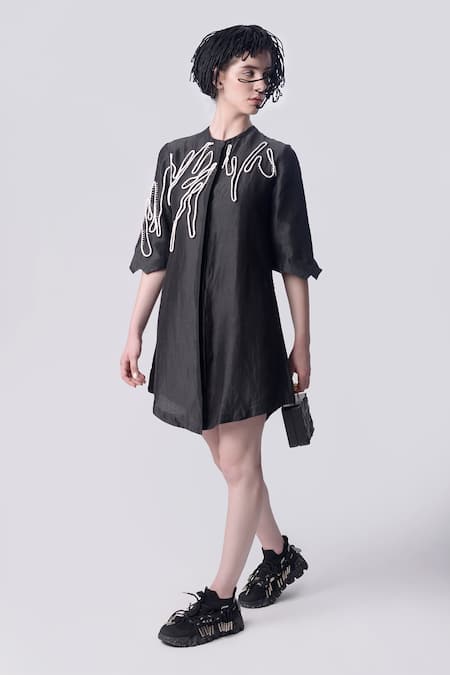 Nitin Bal Chauhan_Black Linen Satin Hand Embroidered 3d Chords Placed Shirt Dress _Online_at_Aza_Fashions