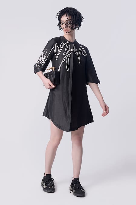 Buy_Nitin Bal Chauhan_Black Linen Satin Hand Embroidered 3d Chords Placed Shirt Dress _Online_at_Aza_Fashions