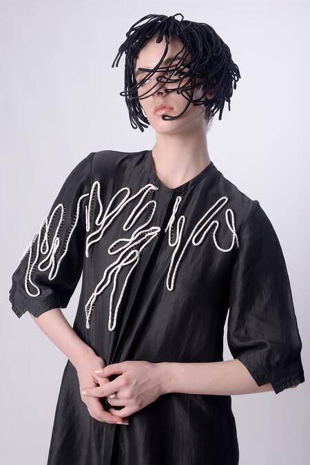 Shop_Nitin Bal Chauhan_Black Linen Satin Hand Embroidered 3d Chords Placed Shirt Dress _Online_at_Aza_Fashions