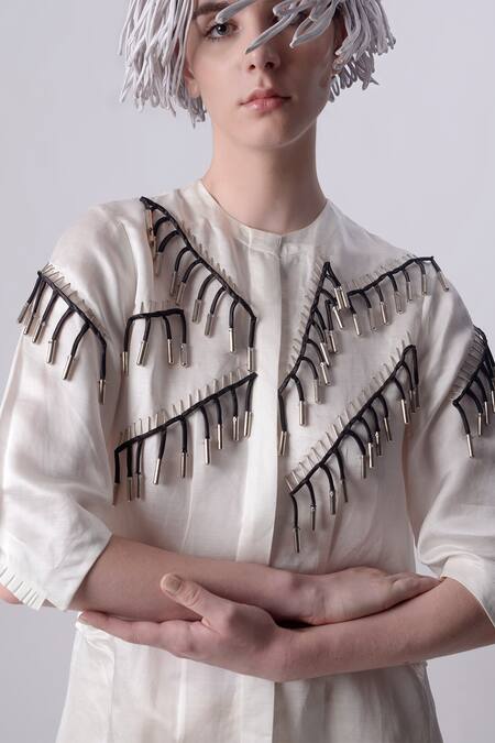 Buy_Nitin Bal Chauhan_White Linen Satin Hand Embroidered 3d Chords Placed Shirt Dress _Online_at_Aza_Fashions