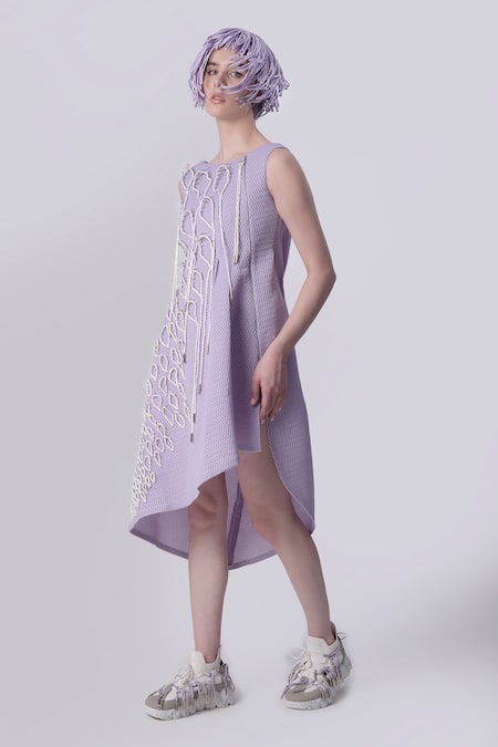 Nitin Bal Chauhan_Pink Scooba (100% Polyester) Hand Embroidered 3d Chords Boat Asymmetric Dress _Online_at_Aza_Fashions