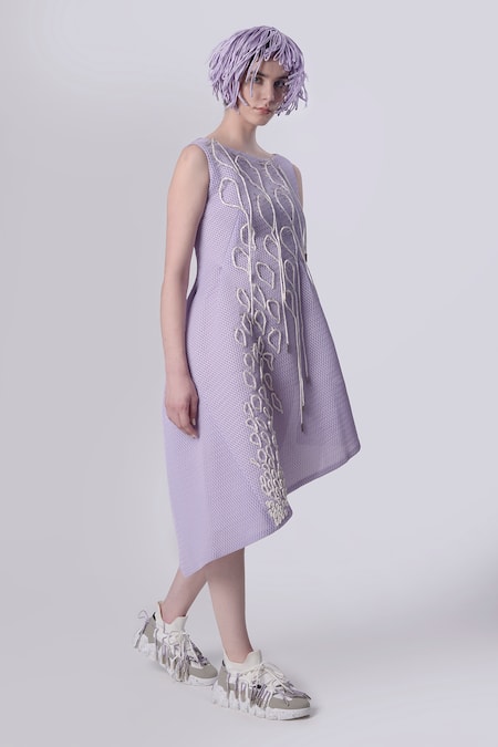 Buy_Nitin Bal Chauhan_Pink Scooba (100% Polyester) Hand Embroidered 3d Chords Boat Asymmetric Dress _Online_at_Aza_Fashions