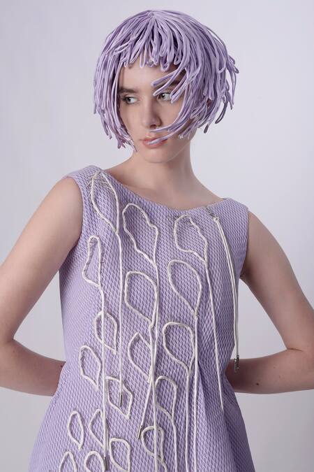 Shop_Nitin Bal Chauhan_Pink Scooba (100% Polyester) Hand Embroidered 3d Chords Boat Asymmetric Dress _Online_at_Aza_Fashions