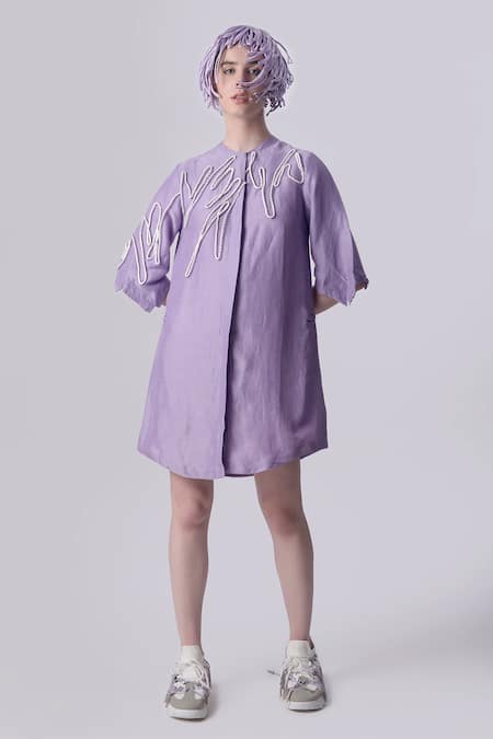 Nitin Bal Chauhan Edge Pink Linen Satin Hand Embroidered 3d Chords Placed Cord Shirt Dress 