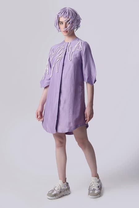 Nitin Bal Chauhan_Pink Linen Satin Hand Embroidered 3d Chords Placed Cord Shirt Dress _Online_at_Aza_Fashions