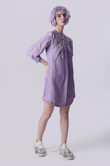 Buy_Nitin Bal Chauhan_Pink Linen Satin Hand Embroidered 3d Chords Placed Cord Shirt Dress _Online_at_Aza_Fashions