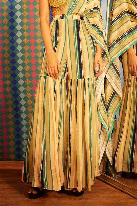 Buy_Sandhya Shah_Multi Color Crepe, Linen Sequins V-neck Lois Stripe Print Sharara Saree Set _Online_at_Aza_Fashions
