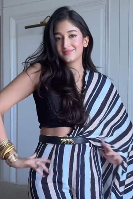 Sandhya Shah Silas Stripe Print Embellished Sharara Saree Set 