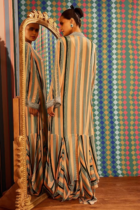 Shop Sandhya Shah Blue Crepe Sequins V-neck Ella Stripe Print Cape Sharara Set at Aza Fashions Shop_Sandhya Shah_Blue Crepe Sequins V-neck Ella Stripe Print Cape Sharara Set _at_Aza_Fashions