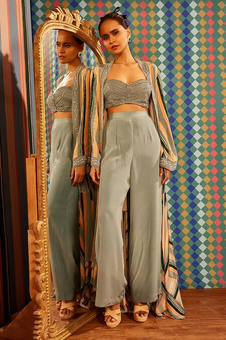 Shop Sandhya Shah Blue Crepe Sequins V-neck Ella Stripe Print Cape Sharara Set Online at Aza Fashions Shop_Sandhya Shah_Blue Crepe Sequins V-neck Ella Stripe Print Cape Sharara Set _Online_at_Aza_Fashions