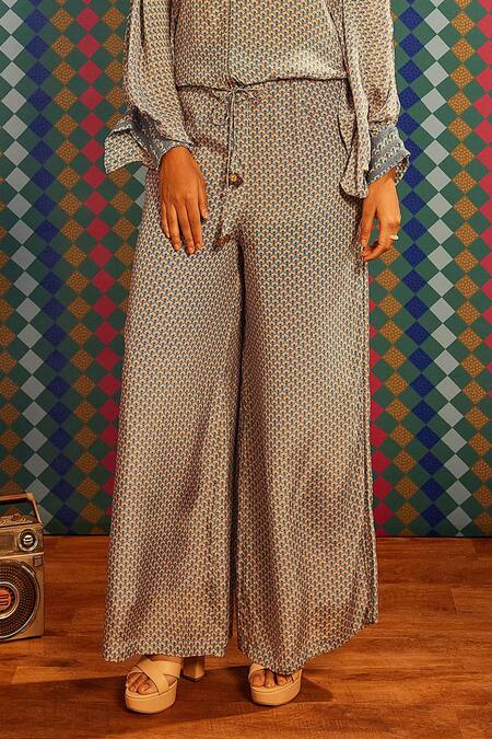 Buy_Sandhya Shah_Blue Crepe, Linen Sequins, Lace Round Cora Floral Print Top With Flared Pant _Online_at_Aza_Fashions