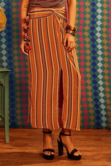 Sandhya Shah Multi Color Crepe, Linen Tassels One Seira Printed Top With Slit Skirt at Aza Fashions Sandhya Shah_Multi Color Crepe, Linen Tassels One Seira Printed Top With Slit Skirt _at_Aza_Fashions