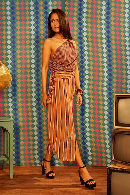 Buy Sandhya Shah Multi Color Crepe, Linen Tassels One Seira Printed Top With Slit Skirt Buy_Sandhya Shah_Multi Color Crepe, Linen Tassels One Seira Printed Top With Slit Skirt