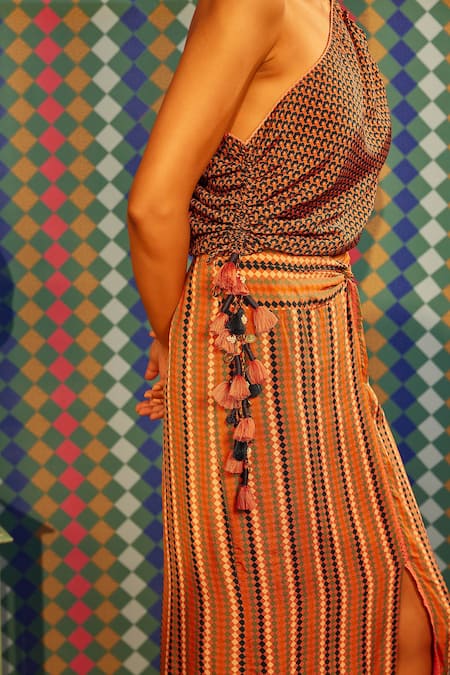 Shop Sandhya Shah Multi Color Crepe, Linen Tassels One Seira Printed Top With Slit Skirt Shop_Sandhya Shah_Multi Color Crepe, Linen Tassels One Seira Printed Top With Slit Skirt