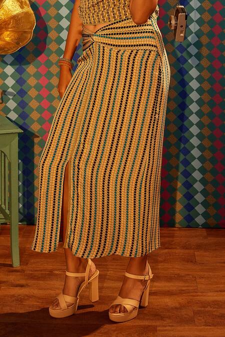 Shop Sandhya Shah Green Crepe Embroidery One Shoulder Meira Printed Draped Top With Slit Skirt Online at Aza Fashions Shop_Sandhya Shah_Green Crepe Embroidery One Shoulder Meira Printed Draped Top With Slit Skirt _Online_at_Aza_Fashions