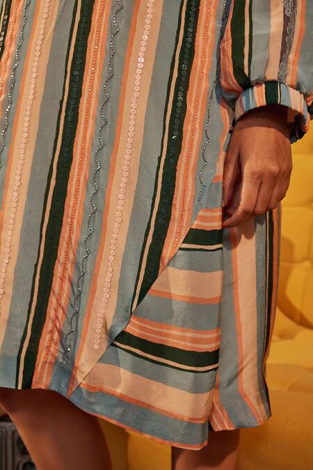 Sandhya Shah Blue Crepe Sequins, Lace Mandarin Collar Ursula Stripe Print Dress Online at Aza Fashions Sandhya Shah_Blue Crepe Sequins, Lace Mandarin Collar Ursula Stripe Print Dress _Online_at_Aza_Fashions