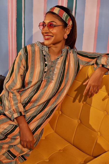 Buy Sandhya Shah Blue Crepe Sequins, Lace Mandarin Collar Ursula Stripe Print Dress Online at Aza Fashions Buy_Sandhya Shah_Blue Crepe Sequins, Lace Mandarin Collar Ursula Stripe Print Dress _Online_at_Aza_Fashions