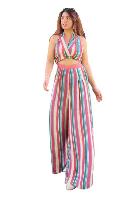 Buy Sandhya Shah Pink Crepe Collared Natasha Striped Crop Top With Pant Online at Aza Fashions Buy_Sandhya Shah_Pink Crepe Collared Natasha Striped Crop Top With Pant _Online_at_Aza_Fashions