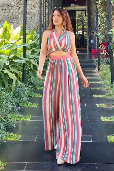 Shop Sandhya Shah Pink Crepe Collared Natasha Striped Crop Top With Pant Online at Aza Fashions Shop_Sandhya Shah_Pink Crepe Collared Natasha Striped Crop Top With Pant _Online_at_Aza_Fashions