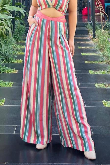 Buy Sandhya Shah Pink Crepe Collared Natasha Striped Crop Top With Pant Buy_Sandhya Shah_Pink Crepe Collared Natasha Striped Crop Top With Pant
