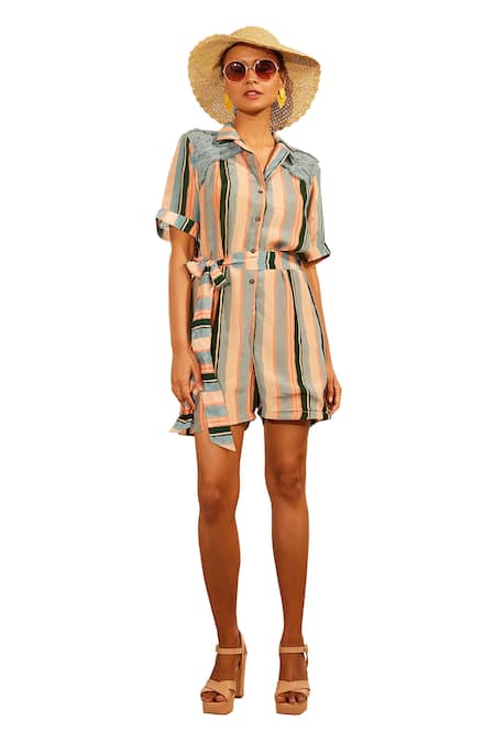 Buy Sandhya Shah Blue Crepe Lace, Sequins Collared Agatha Stripe Print Jumpsuit Online at Aza Fashions Buy_Sandhya Shah_Blue Crepe Lace, Sequins Collared Agatha Stripe Print Jumpsuit _Online_at_Aza_Fashions