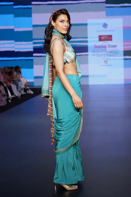 Shop_Sandhya Shah_Blue Crepe, Linen Sequins, Helena Floral Jaal Print Pre-draped Saree With Blouse _at_Aza_Fashions