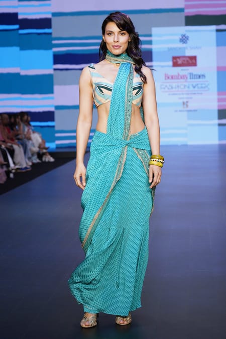 Sandhya Shah_Blue Crepe, Linen Sequins, Helena Floral Jaal Print Pre-draped Saree With Blouse _Online_at_Aza_Fashions