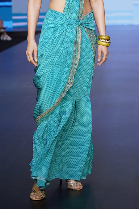 Buy Sandhya Shah Blue Crepe, Linen Sequins, Helena Floral Jaal Print Pre-draped Saree With Blouse Online at Aza Fashions Buy_Sandhya Shah_Blue Crepe, Linen Sequins, Helena Floral Jaal Print Pre-draped Saree With Blouse _Online_at_Aza_Fashions