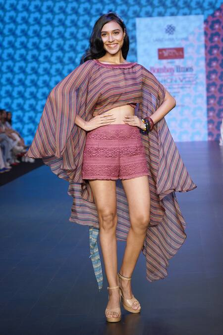 Buy_Sandhya Shah_Multi Color Crepe, Linen, Lex Stripe Print Asymmetric Cape Crochet Shorts Set 