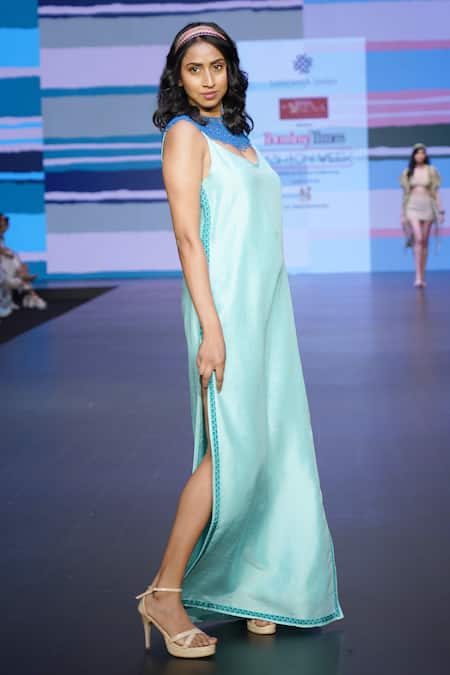 Shop_Sandhya Shah_Blue Silk, Linen Round Neck Charis Printed Border Strappy Dress _at_Aza_Fashions