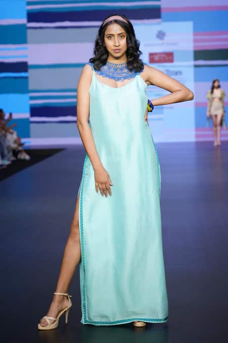 Buy_Sandhya Shah_Blue Silk, Linen Round Neck Charis Printed Border Strappy Dress _Online_at_Aza_Fashions