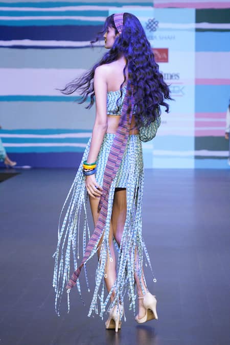 Shop_Sandhya Shah_Blue Crepe, Linen Fringe One Shoulder Sybil Printed Top With Skirt _at_Aza_Fashions