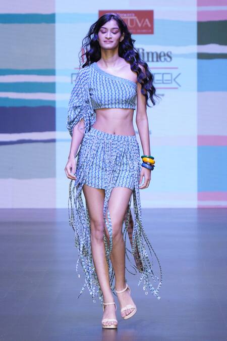 Sandhya Shah_Blue Crepe, Linen Fringe One Shoulder Sybil Printed Top With Skirt _Online_at_Aza_Fashions