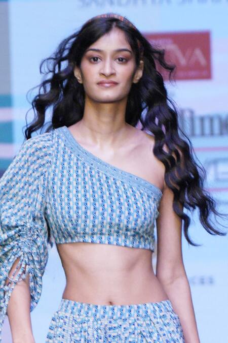 Buy Sandhya Shah Blue Crepe, Linen Fringe One Shoulder Sybil Printed Top With Skirt Online at Aza Fashions Buy_Sandhya Shah_Blue Crepe, Linen Fringe One Shoulder Sybil Printed Top With Skirt _Online_at_Aza_Fashions