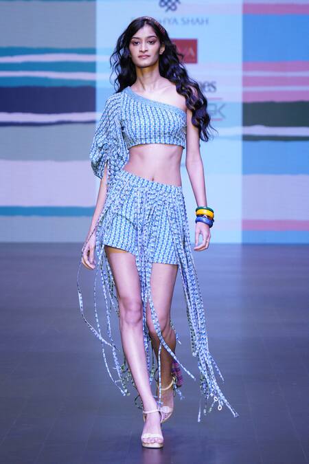 Sandhya Shah_Blue Crepe, Linen Fringe One Shoulder Sybil Printed Top With Skirt _at_Aza_Fashions