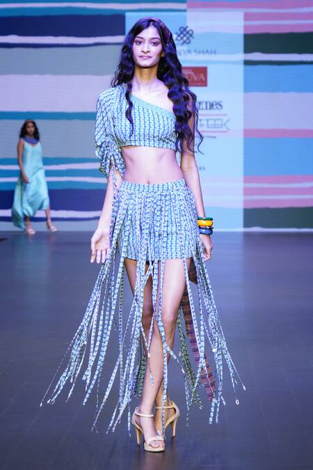 Buy_Sandhya Shah_Blue Crepe, Linen Fringe One Shoulder Sybil Printed Top With Skirt 