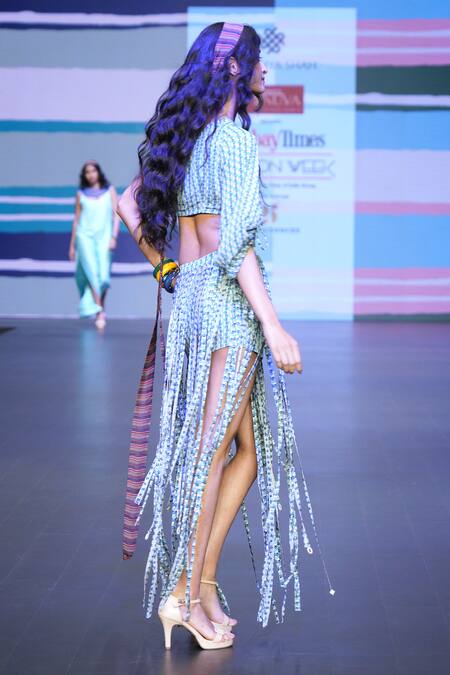 Shop Sandhya Shah Blue Crepe, Linen Fringe One Shoulder Sybil Printed Top With Skirt Shop_Sandhya Shah_Blue Crepe, Linen Fringe One Shoulder Sybil Printed Top With Skirt