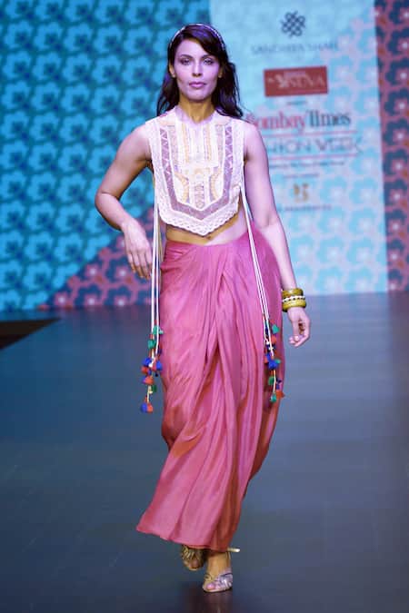 Shop_Sandhya Shah_Multi Color Crepe Sequins, Lace, Myra Geometric Threadwork Cape Draped Skirt Set _at_Aza_Fashions