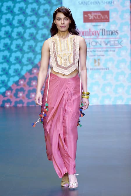 Shop_Sandhya Shah_Multi Color Crepe Sequins, Lace, Myra Geometric Threadwork Cape Draped Skirt Set _Online_at_Aza_Fashions