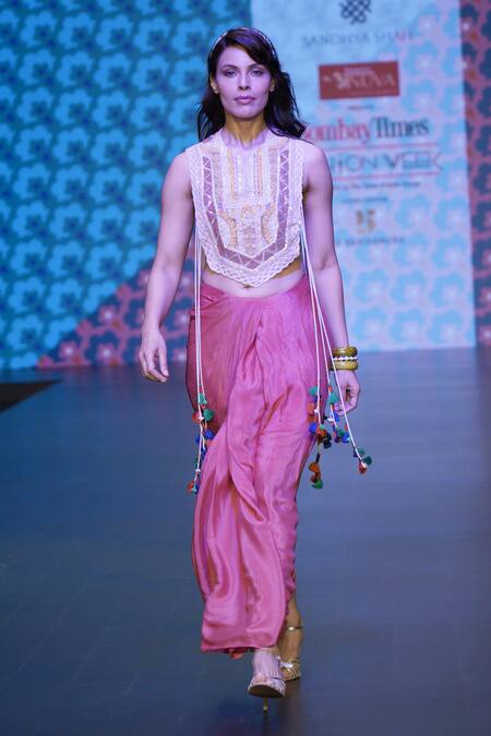 Sandhya Shah_Multi Color Crepe Sequins, Lace, Myra Geometric Threadwork Cape Draped Skirt Set _at_Aza_Fashions