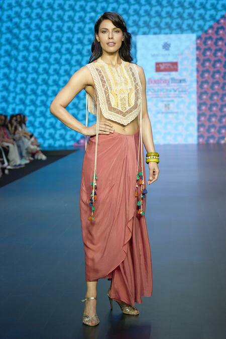 Buy_Sandhya Shah_Multi Color Crepe Sequins, Lace, Myra Geometric Threadwork Cape Draped Skirt Set 
