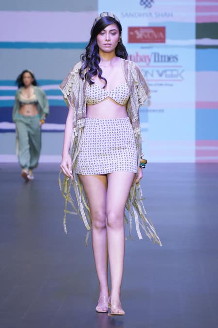 Shop_Sandhya Shah_Green Crepe Tassels, Fringe, Embroidery Demeter Lace Patchwork Cape Skirt Set _Online_at_Aza_Fashions